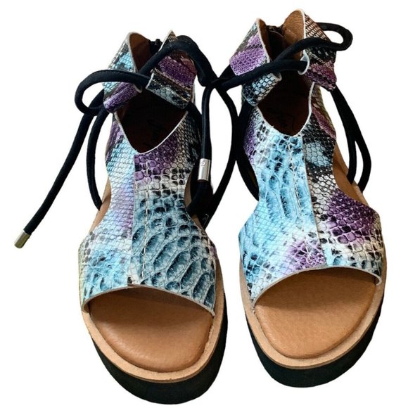 Free People Shoes - Free People Aubrey Wrap Sandal Snakeskin Black Purple Blue Tie Zipper Heel 38/8